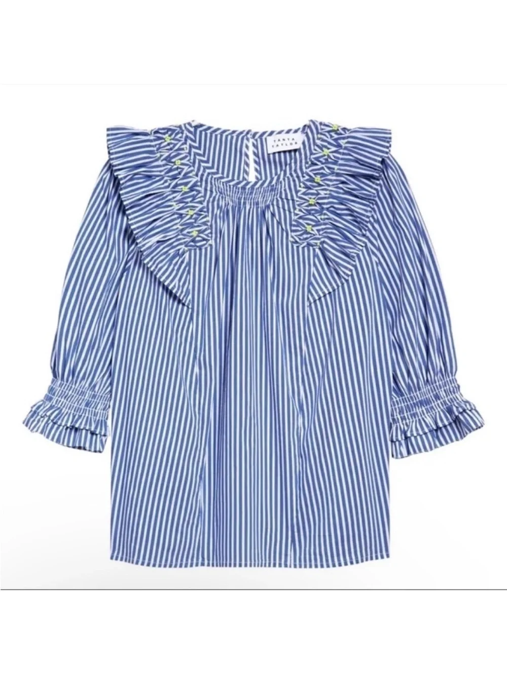 Tanya Taylor Pilar Striped Ruffle-Trim Blouse size 8 Blue White Cotton Blend - Picture 1 of 14